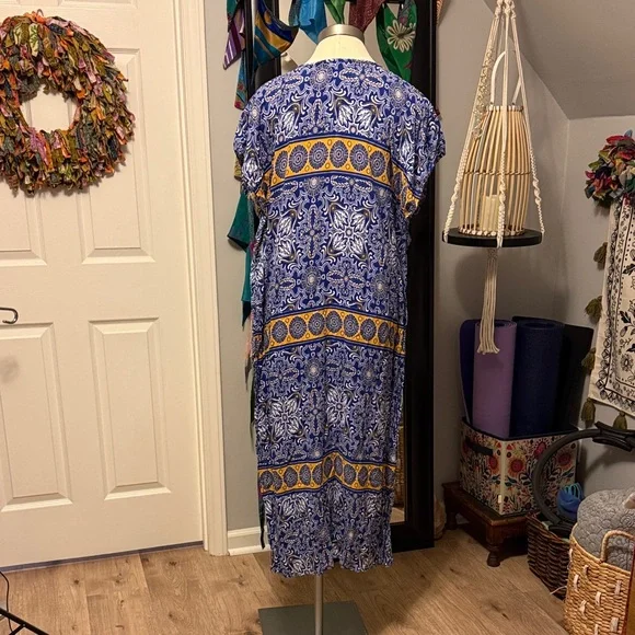 NWOT Loungewear Blue and Gold Patterned Cotton Midi Dress small - Picture 2 of 7